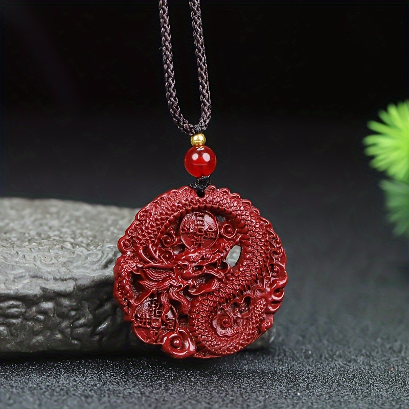

1pc Cinnabar Dragon Pattern Pendant, Luck Necklace For Men