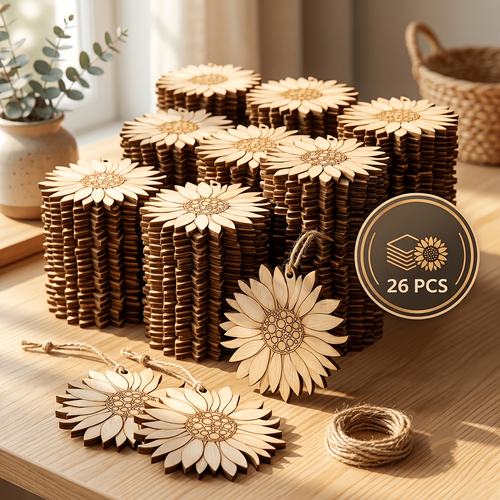 TEMU 26pcs Set Wooden Sunflower Shaped Decorative Painting Graffiti Doorway Decoration Birthday Wedding Seat Decoration Tag Gift Box Gift Home Party