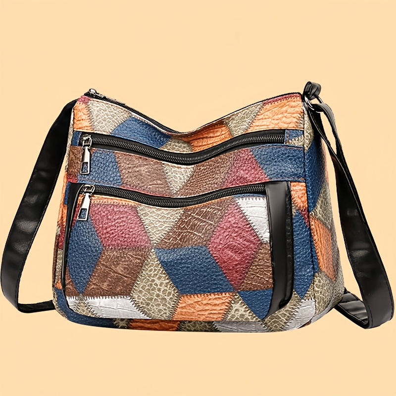 

Sac à bandoulière patchwork pour femme, sac à bandoulière décontracté avec sangle réglable, ornement en pompon, fermeture à glissière, doublure en polyester - Design motif