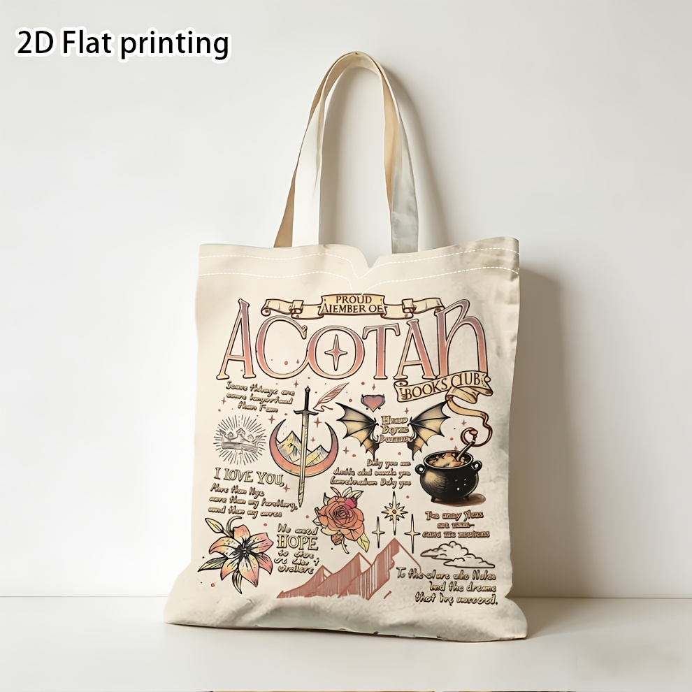 TEMU 2d Flat, 1pc, Acotar Books Book Fan Women's Fashion Casual Unisex Tote Bag Handbag - Perfect Music Festivals, Summer Events, Reusable Additions