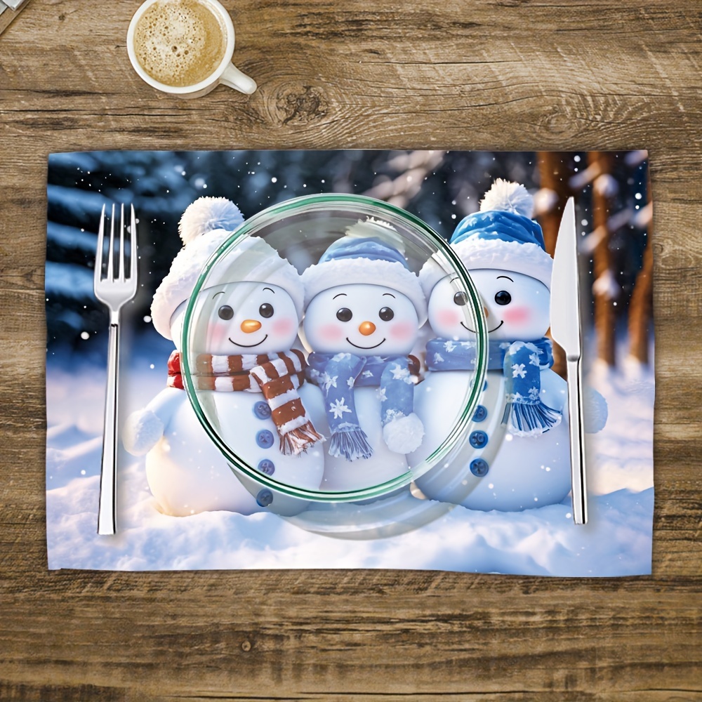 

Christmas Snowmen Placemats - Woven Polyester Table Mats, Heat Resistant, Non-slip, Machine Washable, Square - Dining Decor, 1pc/4pc Set