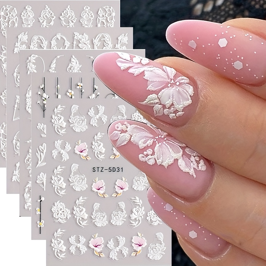 5pcs white flowers lace nail stickers 5d decals embossed - Temu Canada