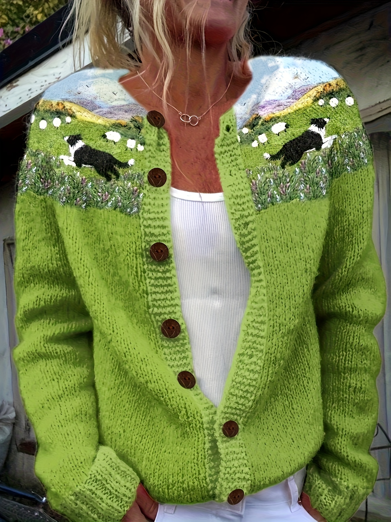 style cardigan with 3d printed sheep and dog patterns