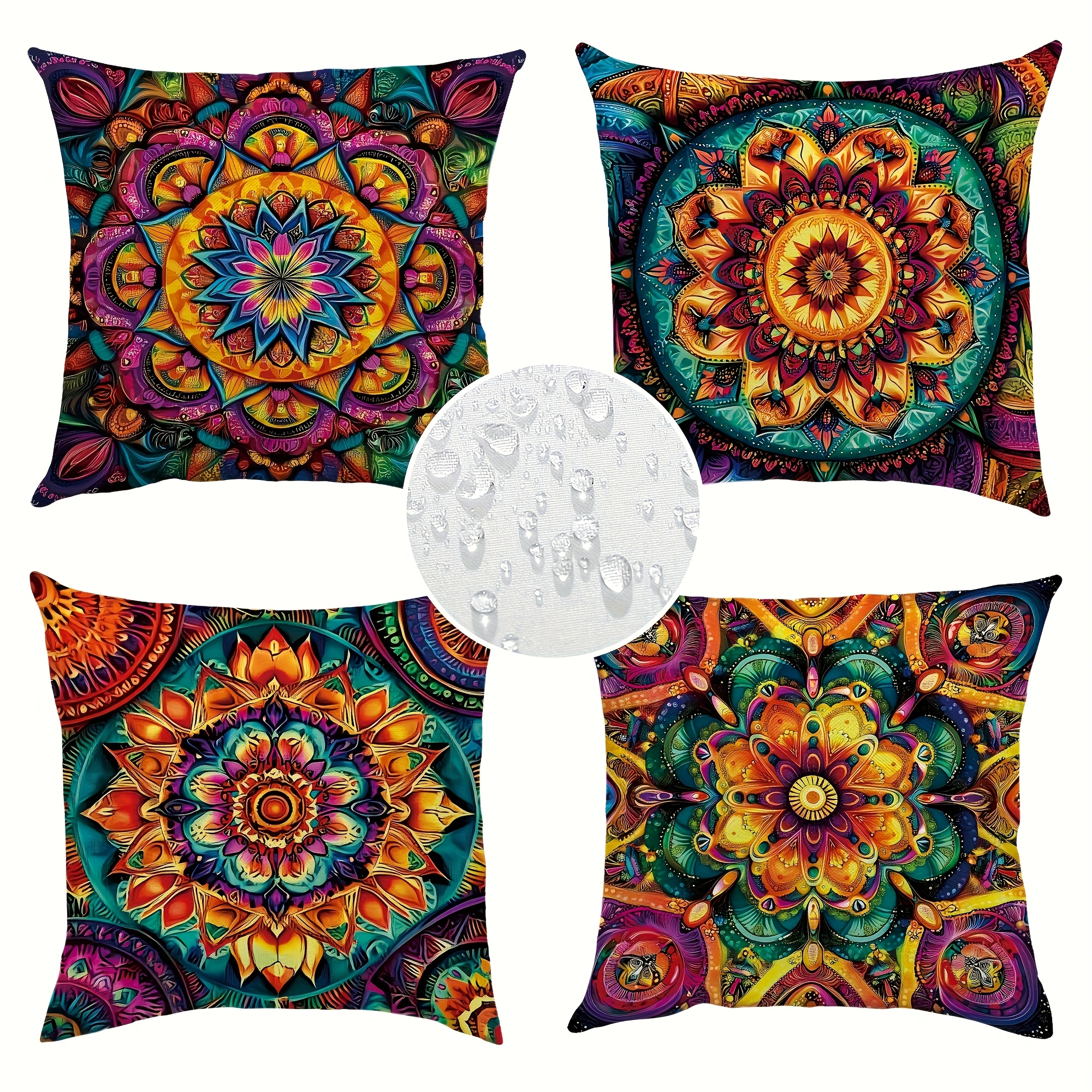 E-shop 4er-Set Böhmische Vintage Outdoor Kissenbezüge mit Lila, Orange und Türkis Mandala Blumenmuster - Einseitiger Druck, Hochwertiger Twill Stoff,
