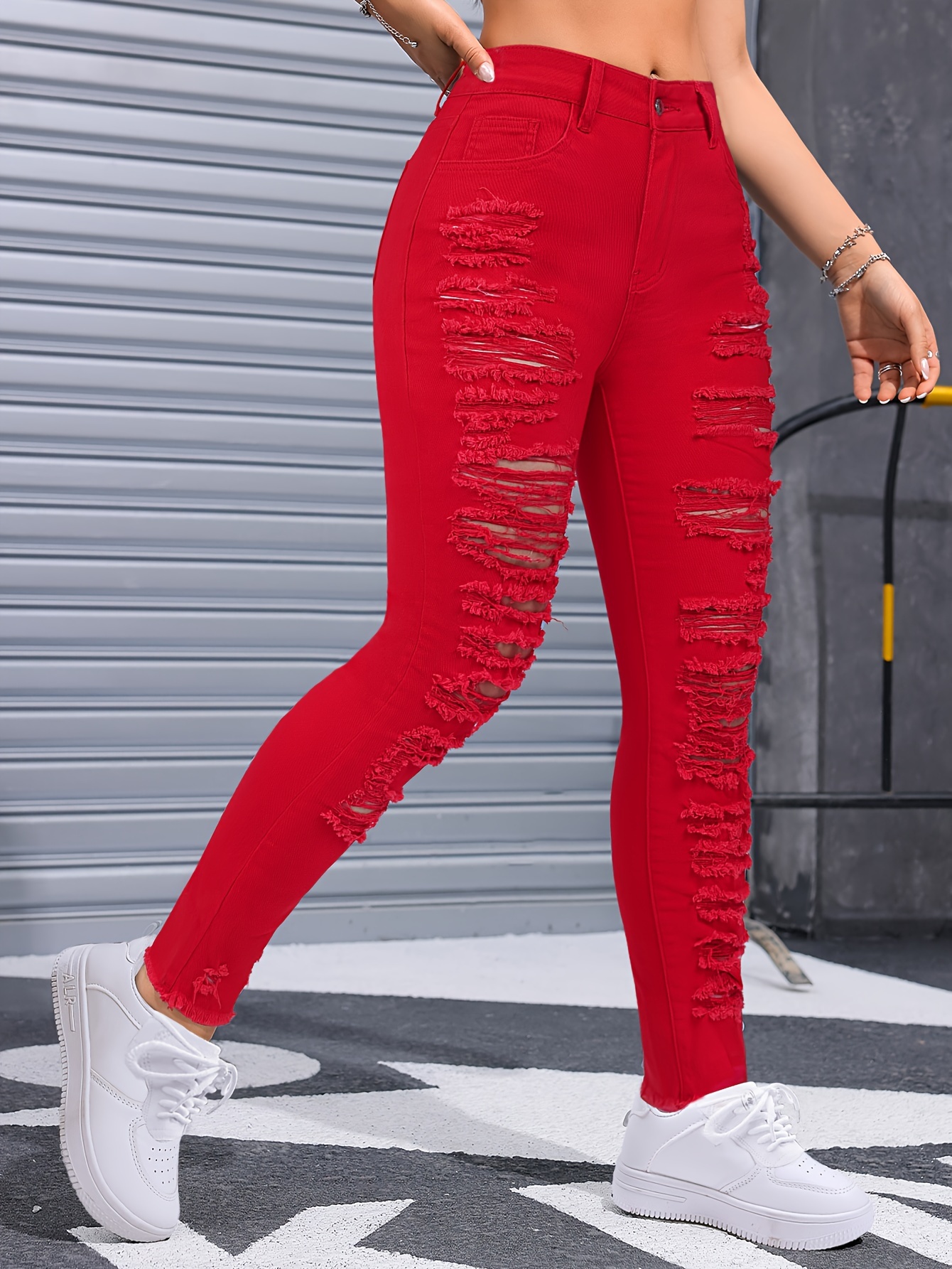 Women'S Red Ripped Skinny Jeans High-Stretch Stretchy Denim with  Distressed Details Casual Formal Wear, Machine Washable, High-Waisted  Design,