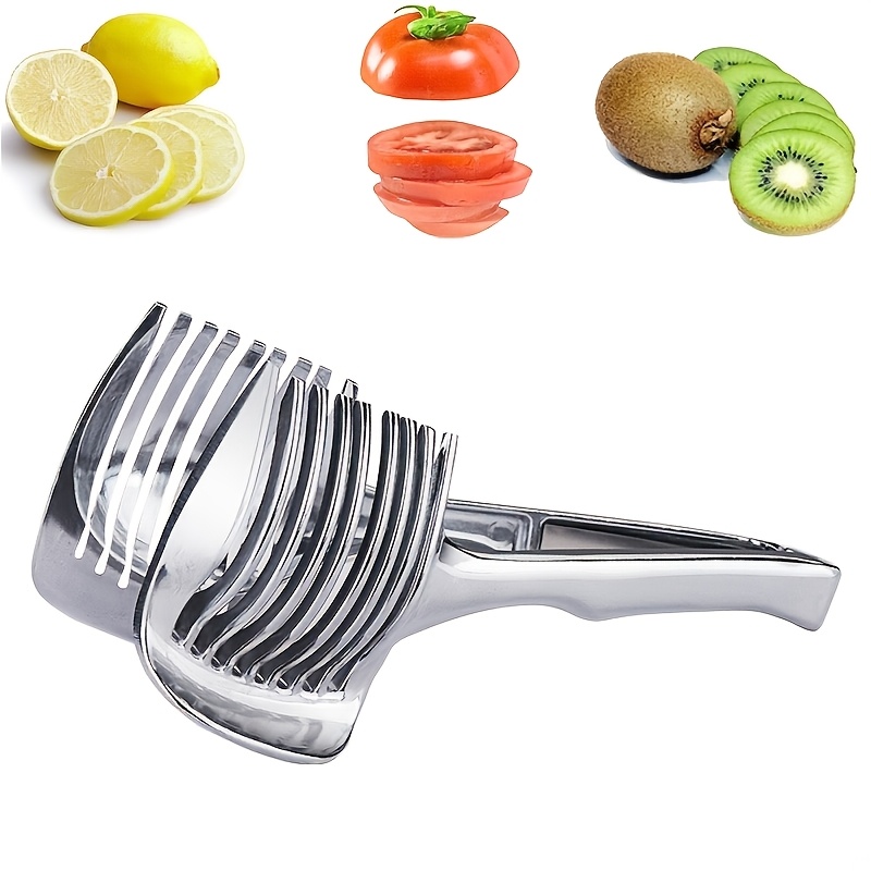 TEMU 1pc Stainless Steel Tomato Lemon Slicer Holder, Round Fruits Onion Cutter Guide Tongs With Handle, Polished Finish Kitchen Cutting Potato Lime Food Stand Accessories