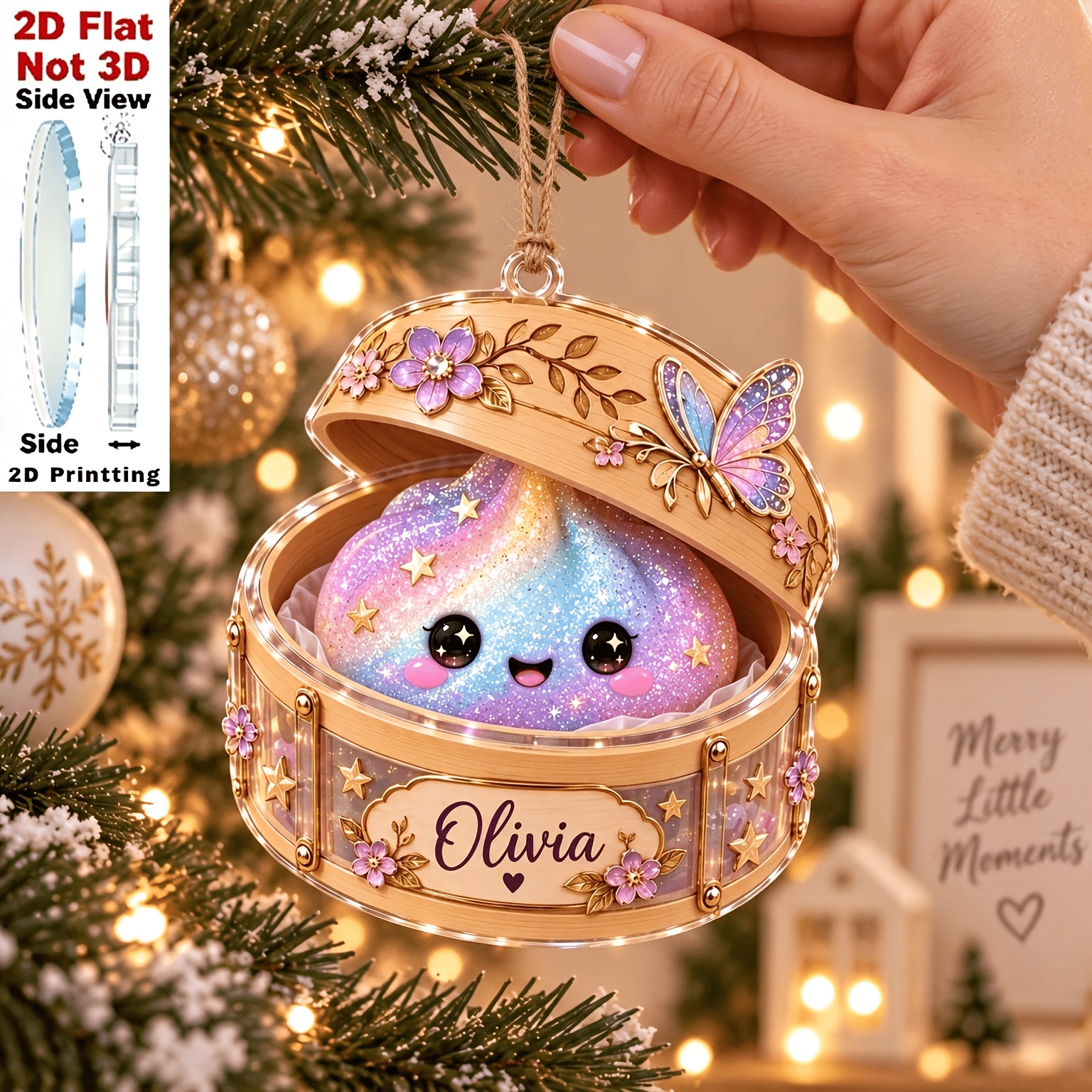 TEMU [Gepersonaliseerd] 2D Platte Glitter Dumpling Acryl Kerst Ornament, Gepersonaliseerde Naam Decoratie, Zachte Schattige Pastel Kerstboom Hanger,