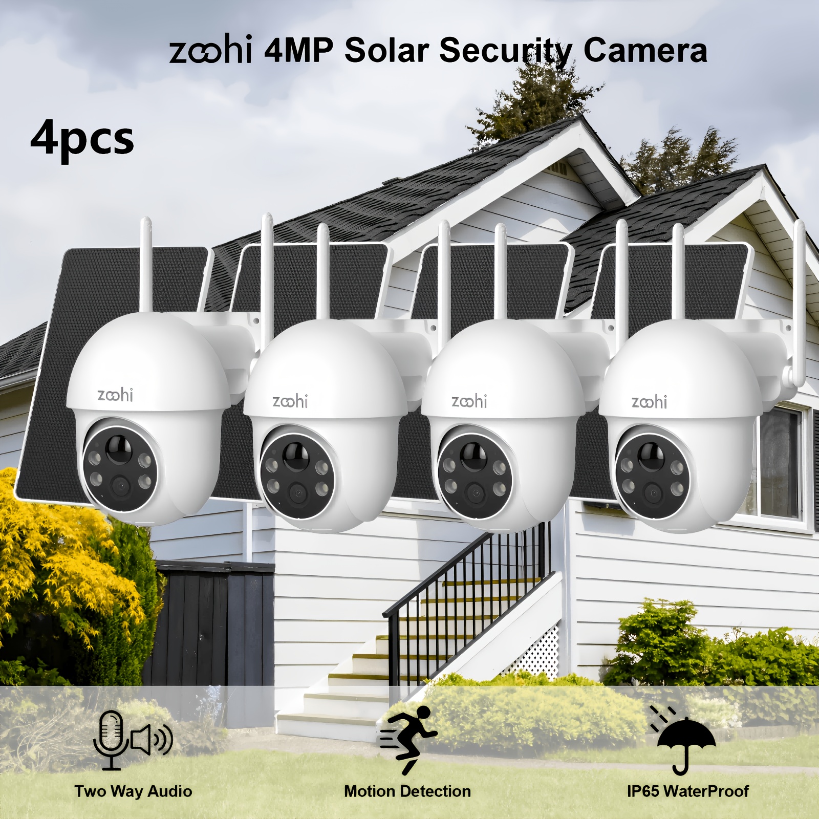 TEMU 4pcs Wireless Outdoor Camera 4mp With Solar Panel, 355° Ptz Rotation, Pir Human Detection, Battery Operated, Enabled, Waterproof, Color Night