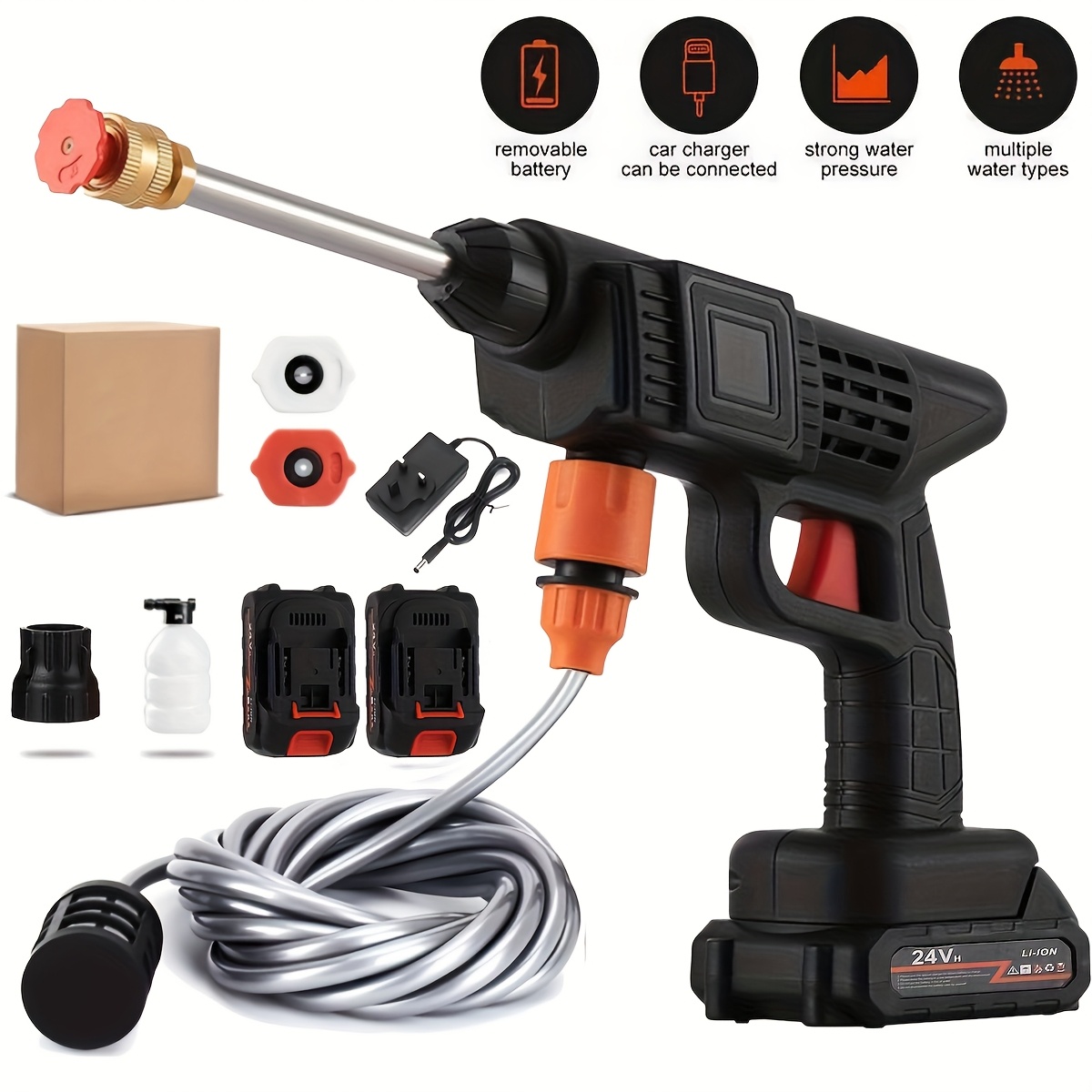 Cordless Portable Pressure Washer with 2 Batteries, 3000PSI Cordless Power Washer, 24V Battery Jet Wash for Car Garden Home Patio Driveways, 5.03meter Hose Included