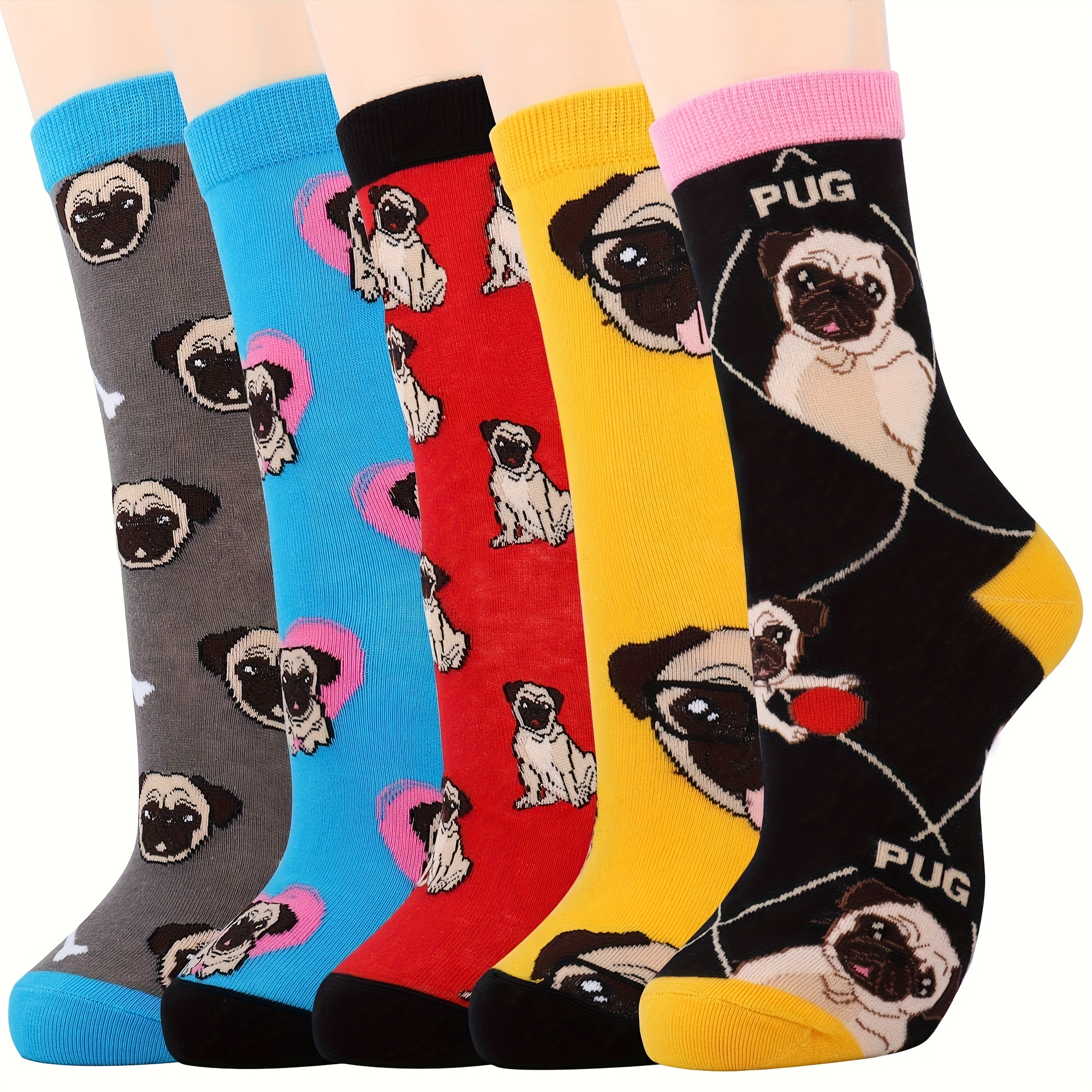 

5 Pairs Of Girl's Funny Pug Dog Crew Socks, Soft Breathable Comfy Socks For , Novelty Creative Gift