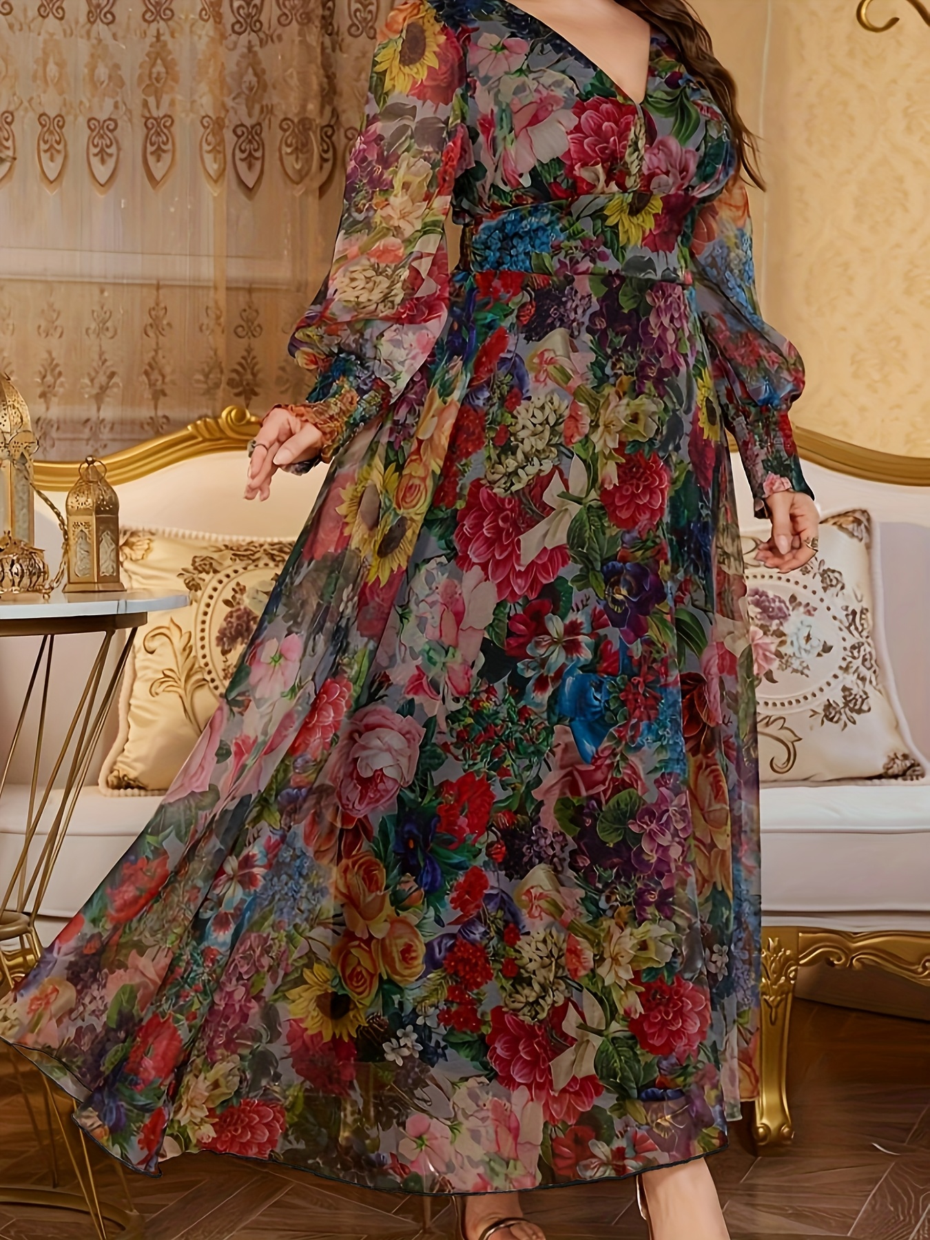 plus size elegant print v neck long sleeve Temu United Kingdom