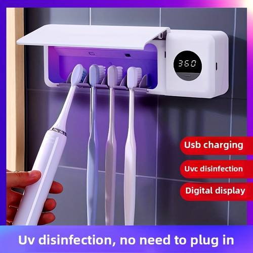 intelligent toothbrush cleaner wall mounted organizer 360s timing function usb charging sanitizing case 4 slots no drilling installation moisture resistant bathroom accessory for family use