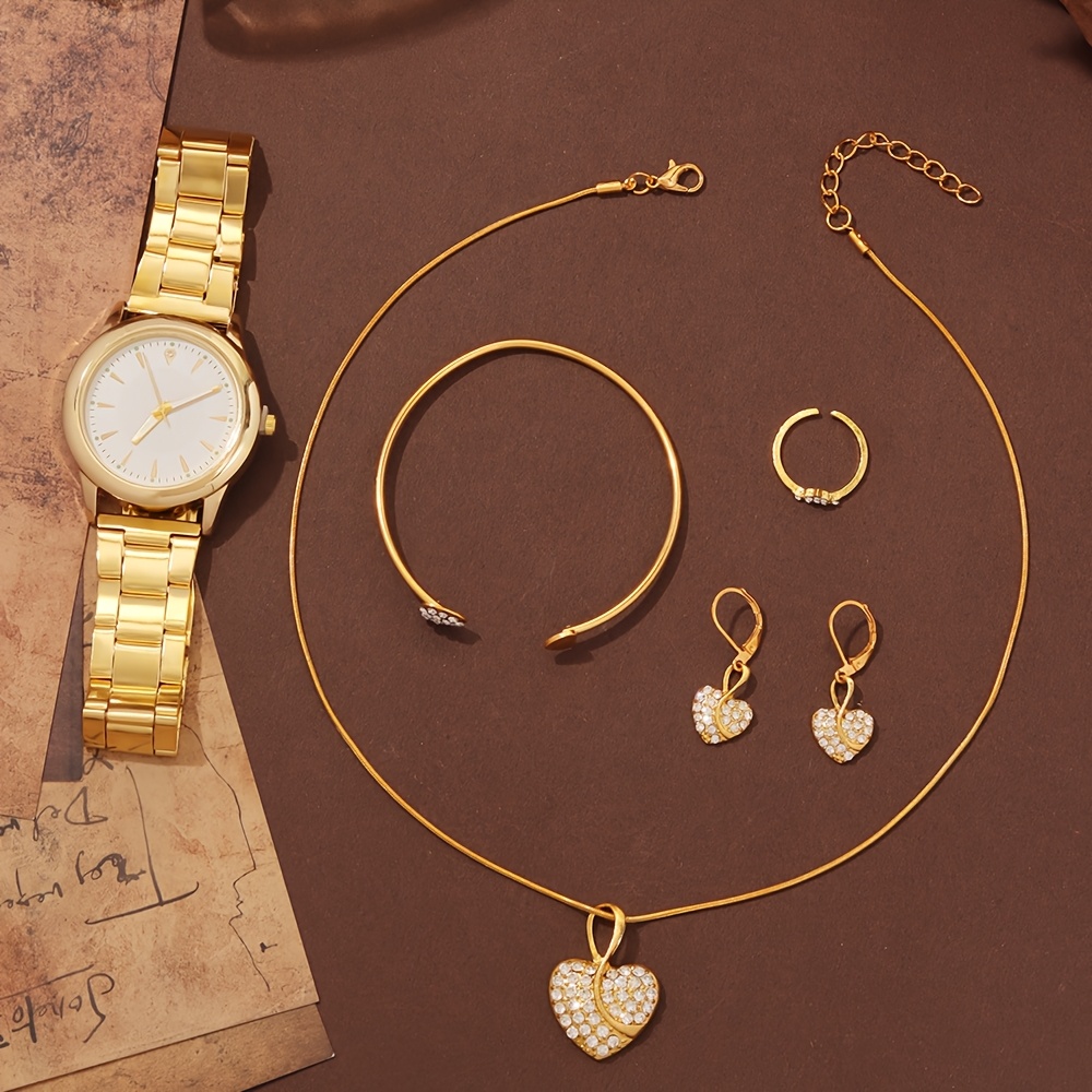 6pcs Elegant Women's Quartz Watch Set with Heart-Shaped Jewelry, Perfect Gift for Ladies, Non-Adjustable Alloy Strap, Classic Bar Markers Round Dial, Ideal Gift for Sisters and Mothers, Suitable for Ramadan or Casual Attire, No Packaging Box Included, Middle East Special Edition