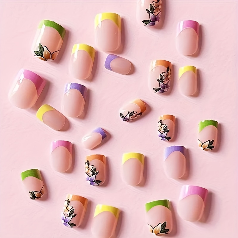 24pcs box glossy short square fake nails colorful french tip press on nails flower pattern spring summer false nails for women details 2