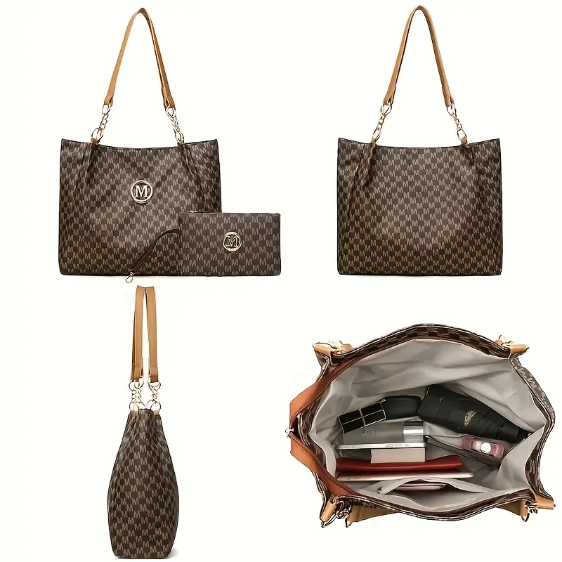 2pcs womens vintage shoulder bag set large capacity tote bag with fixed shoulder strap synthetic zipper closure polyester lining lightweight random print design daily commuting and carrying cell phones details 8