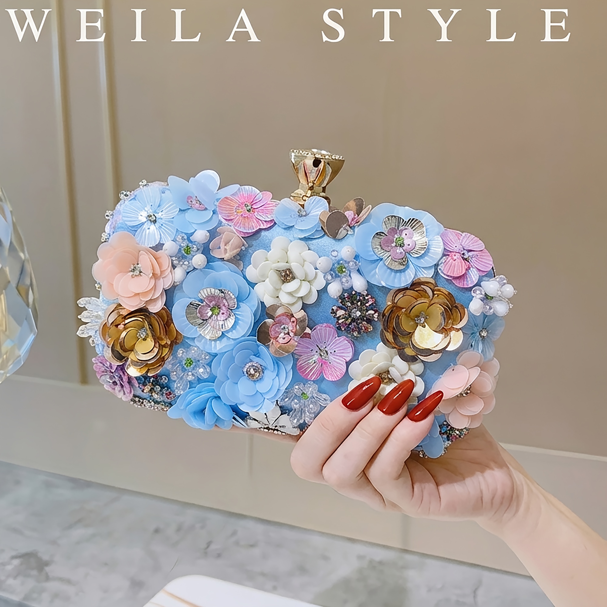 TEMU New Fashionable Elegant Floral Retro Ladies' Evening Bag With Rhinestones, Banquet Dress Handbag, Shoulder Bag, Small Square Bag, Party Clutch