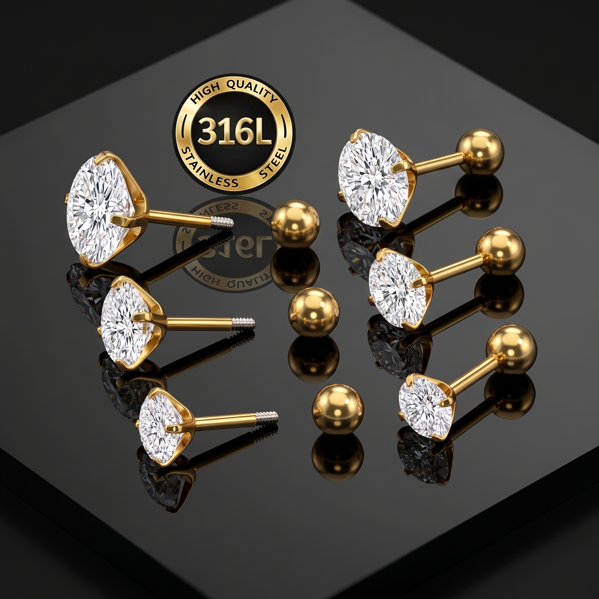TEMU Yachy 3 Pairs Of High-quality 316l Stainless Steel Ball Stud Earrings, Hypoallergenic, Tarnish-resistant 18k Golden Plated Plated, Golden &