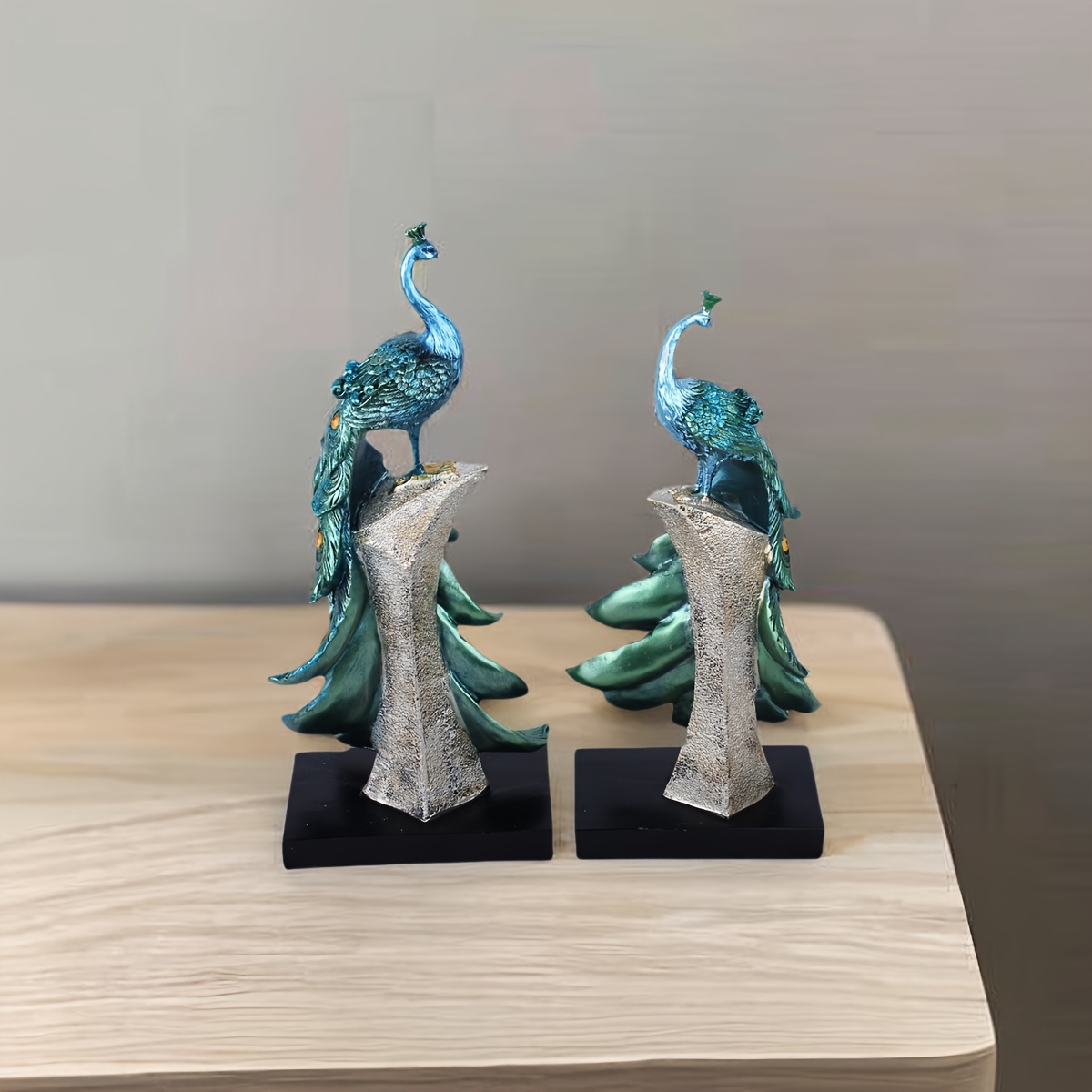 1pc, Peacock Figurines, 13.39 Inches Height, Resin Peacock Sculptures, Modern Creative Animal Home Decor, Tabletop Accent, Gold With Feather Details