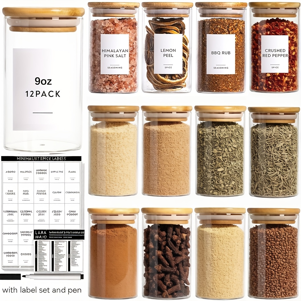 12pcs empty glass spice jars set 177ml 266ml food storagejars with lids and printed labels round container canisters for home kitchen spice herbs seasoning seed tea  