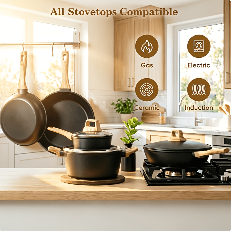 TEMU 12pcs Pot And Pan Set Kitchen Cookware With Frying Pan, , Kitchen Gadgets Heavy-duty Durable, Compatible With All Stovetops & Induction, Ideal