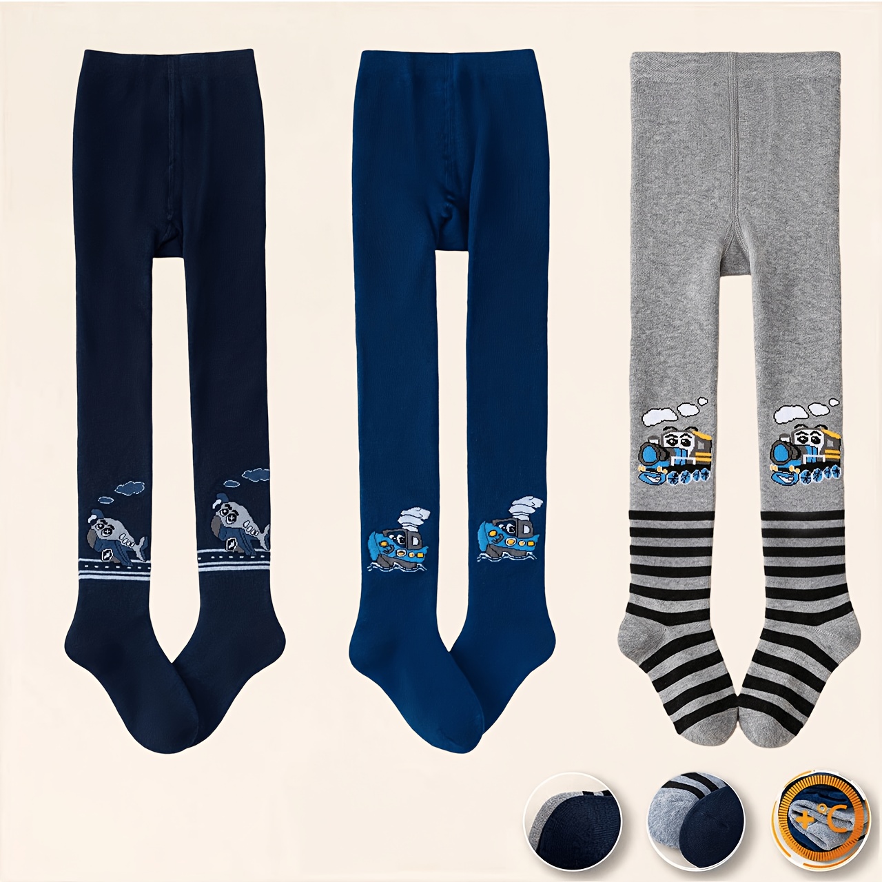 Image of 3 Pairs Of Boys' And Girls' Autumn And Winter Themed Fleece-lined Leggings Featuring Transportation Designs, Made Of Soft And Warm Fabric For . Elements Make Them The Top Love Stylish And Cozy Tights