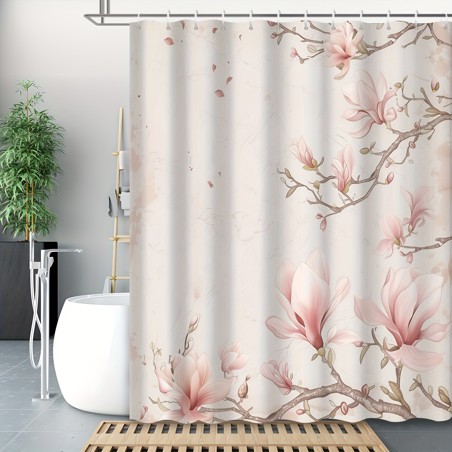 

Elegant Pink Magnolia Flower Print Shower Curtain, Water-resistant Polyester Bath Curtain With Grommet Top, Includes 12 Hooks, Machine Washable, Floral Theme For Home, Hotel, Apartment Bathroom Decor