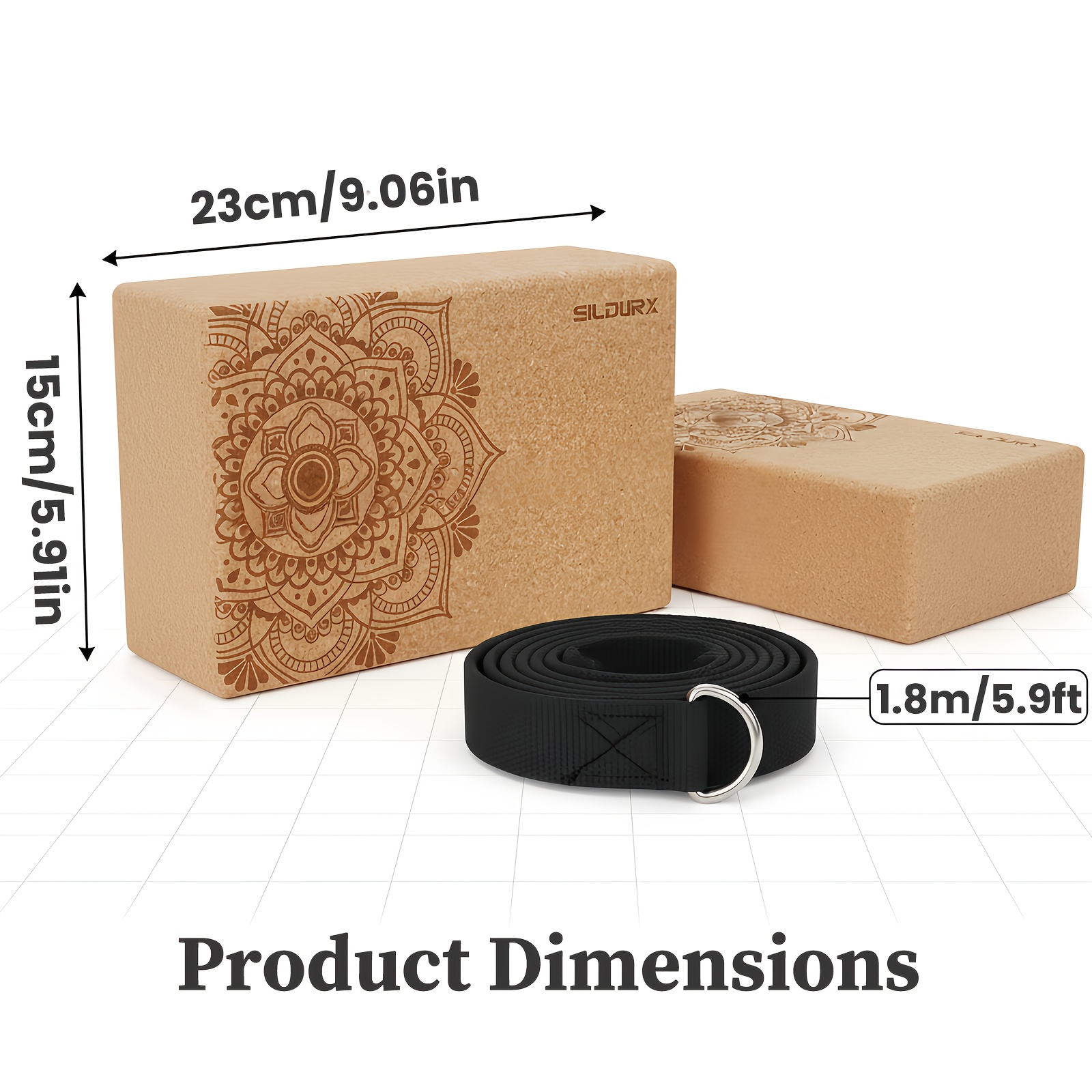SILDURX Cork Yoga Blocks 2 Pack with Yoga Strap