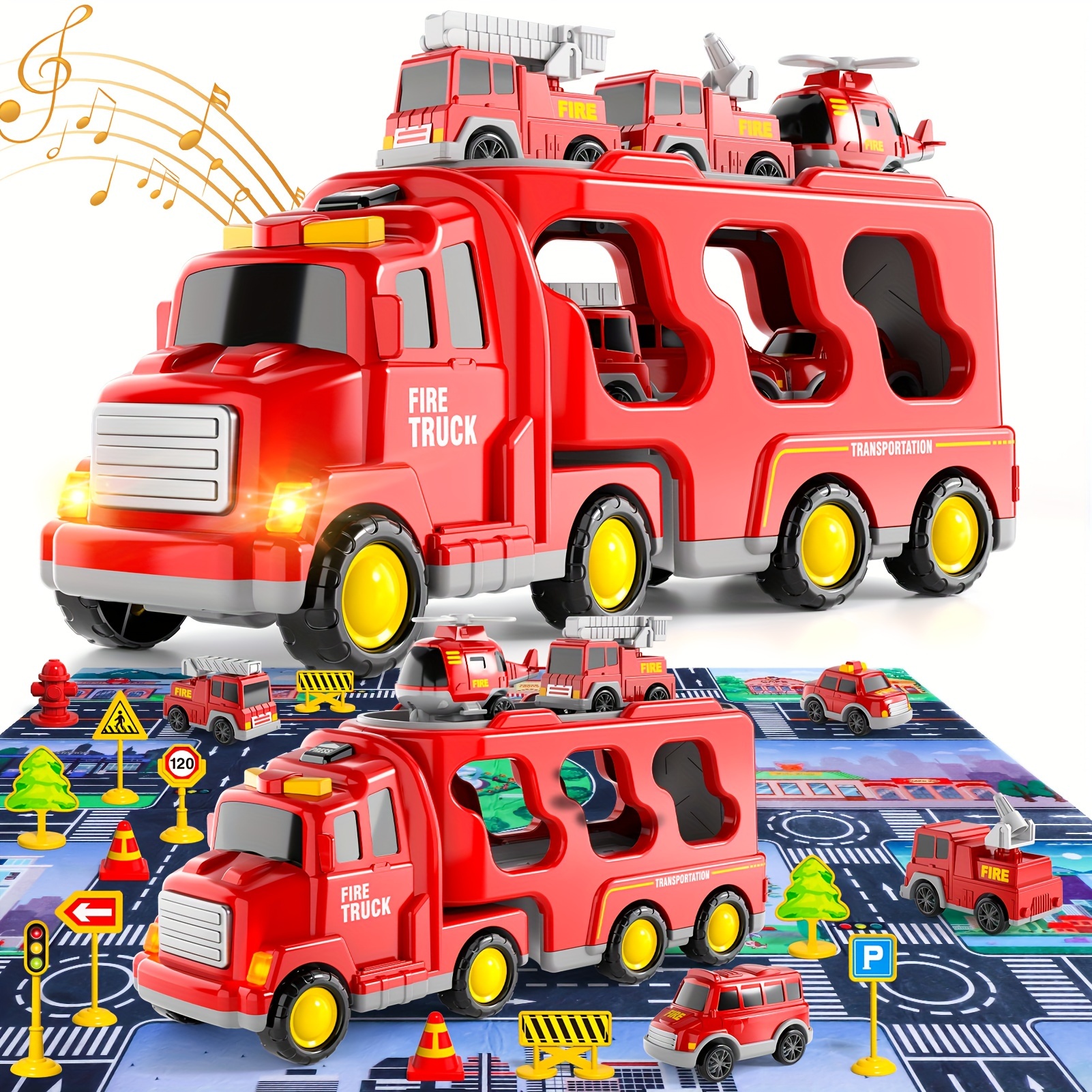 

Fire Truck Toys For Boys, Fire Car Trucks Playset With Play Mat & Accesoories, Birthday Gifts For Kids Boys Girls