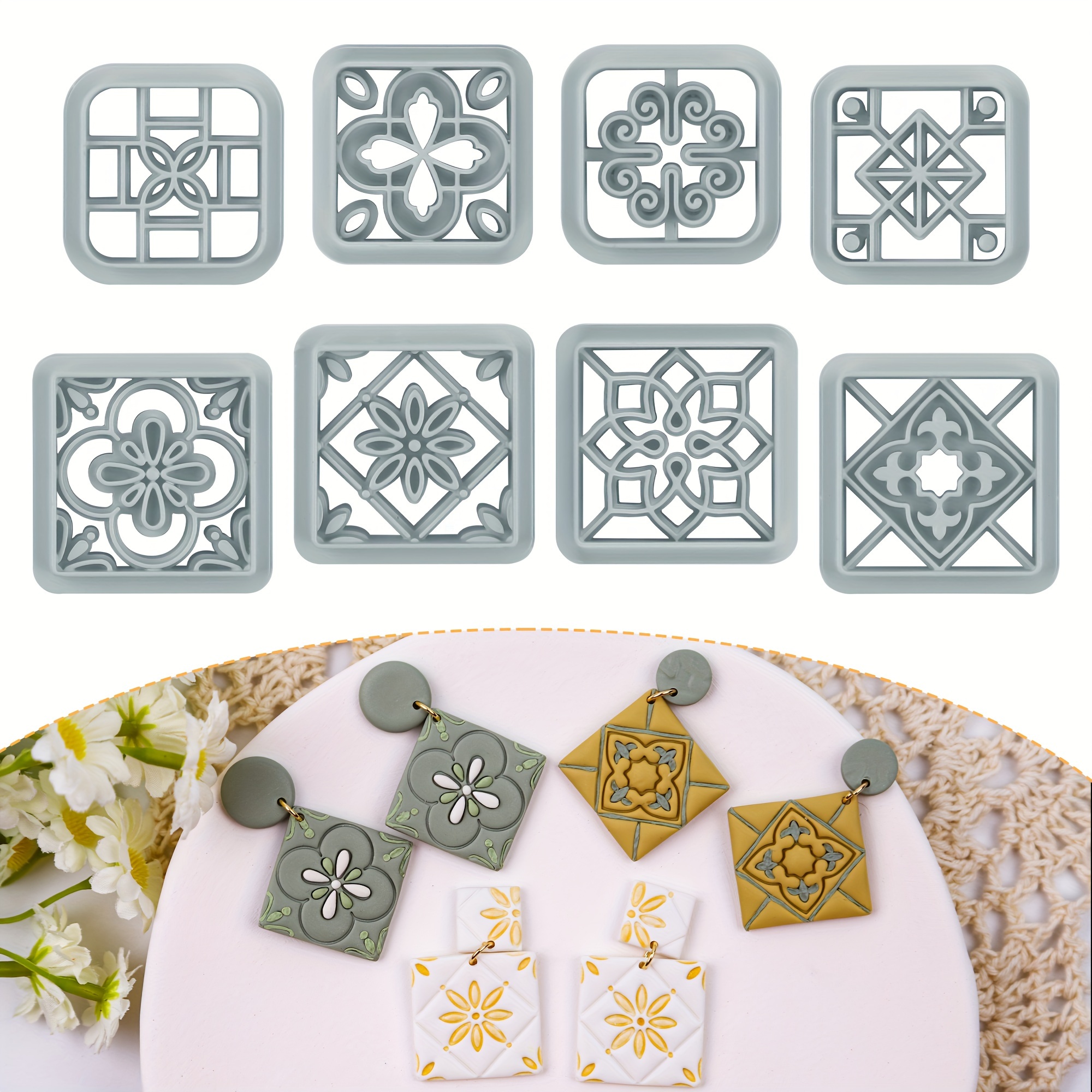 

Bohemian Floral Tile Polymer Clay Cutters - 8 Pcs Tile Earrings Clay Cutters, Porcelain Tile Clay Jewelry Cutters For Artistic Jewelry Making