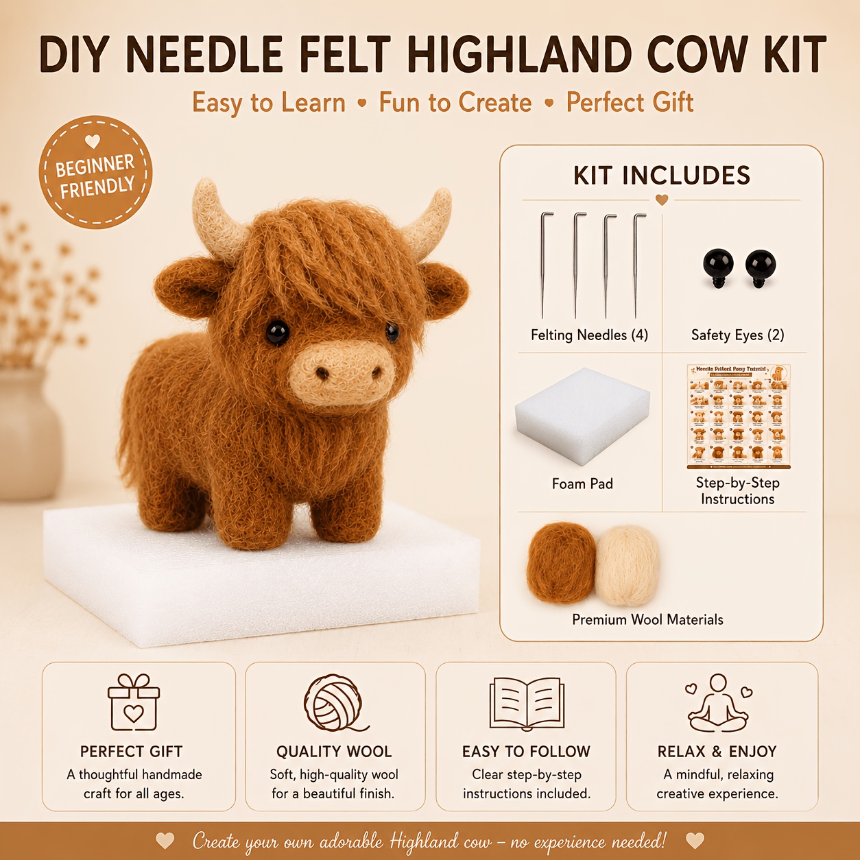 TEMU Kit de bricolage Vache Highland en feutre - Feutrage à l'aiguille, Style animalier, Inclut un ensemble complet de matériel de bricolage et une