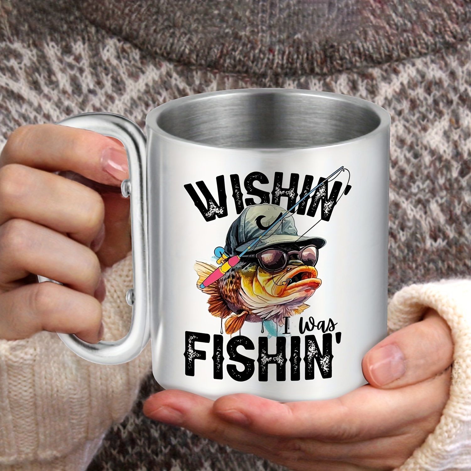 

Fishing Enthusiast's 10oz Stainless Mug - Double-walled, Shatterproof With Carabiner Handle For & Gifts, Best For Christmas