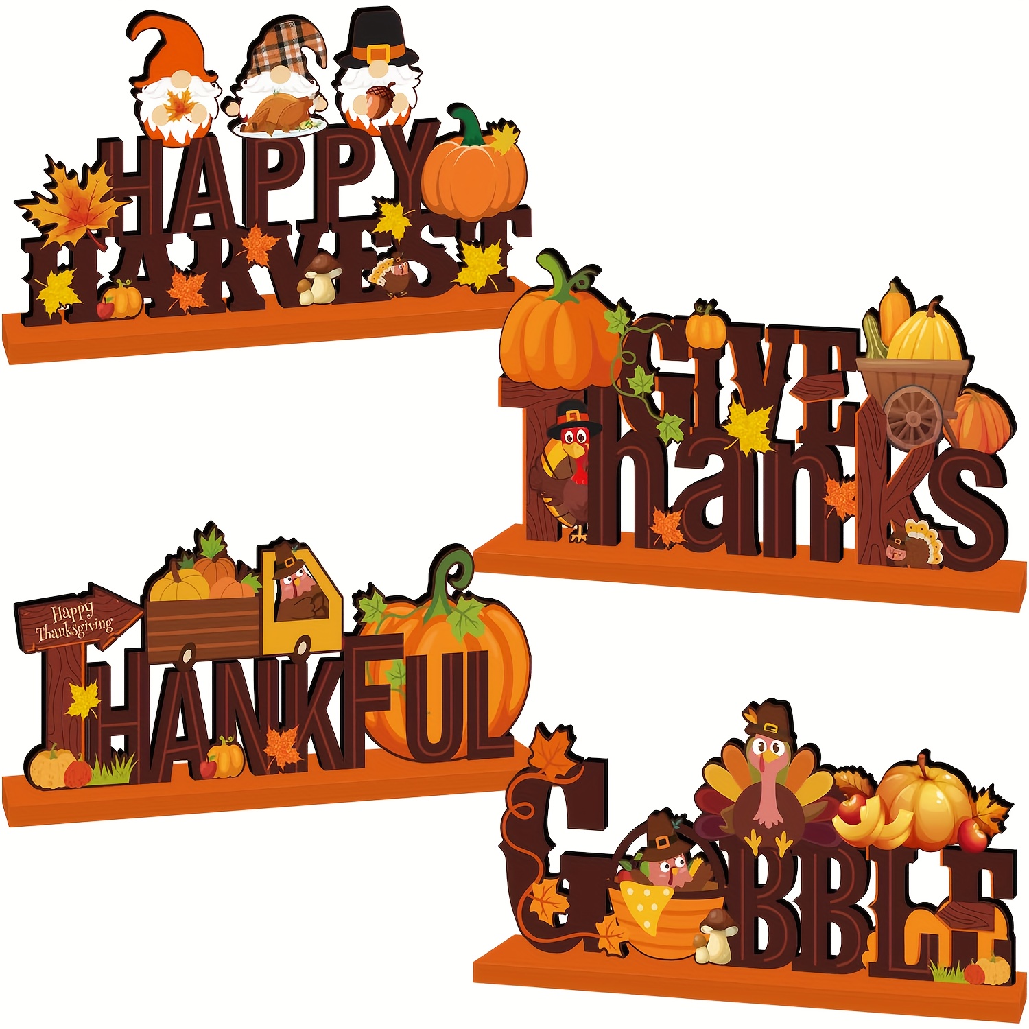 TEMU 4pcs Thanksgiving Table Decor - Wooden Turkey Gnome, Pumpkin & Maple Leaf Centerpieces - Artificial Setting Ornaments For Fall Dinner Party,