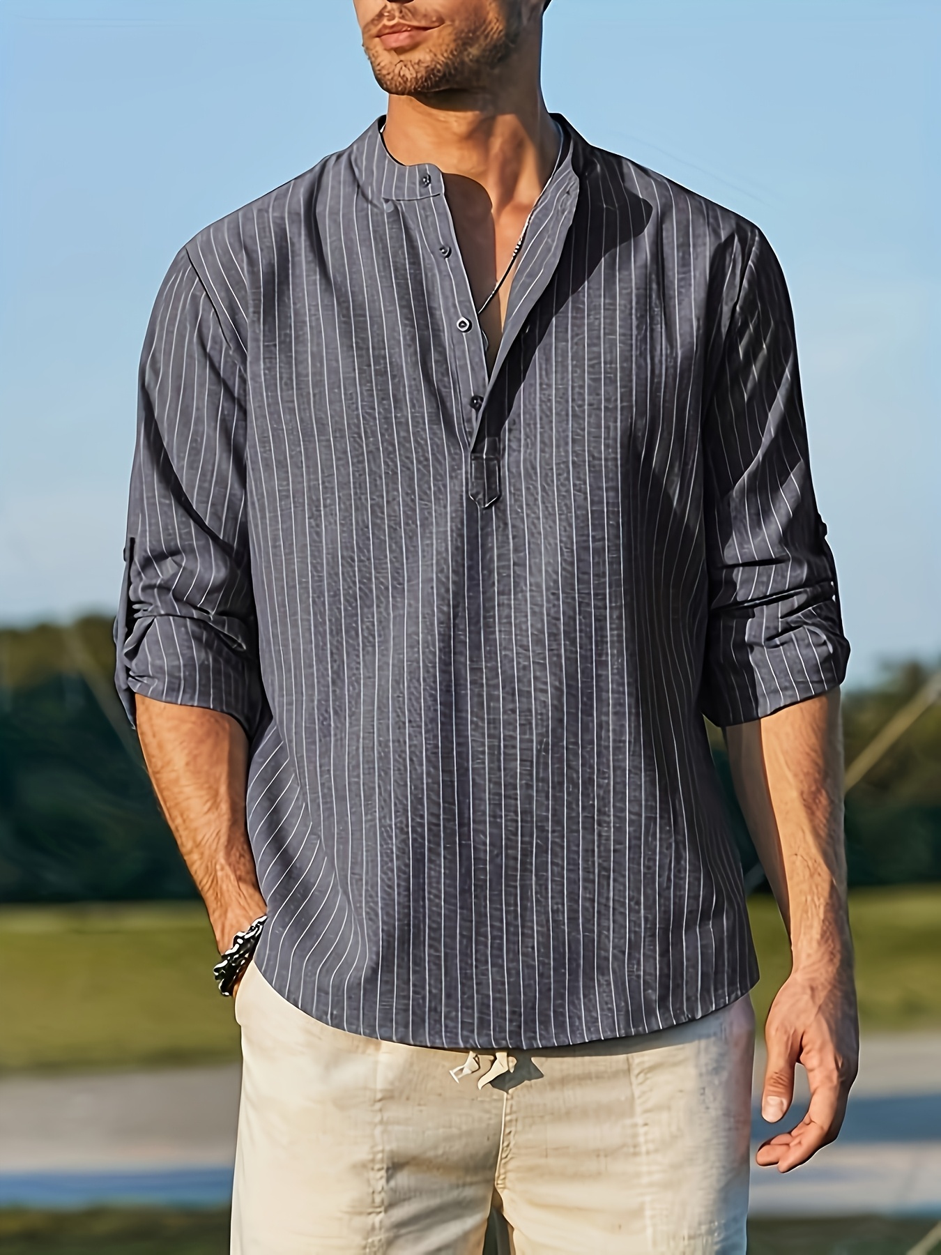 mens striped pattern henley collar casual fashion shirt plus size