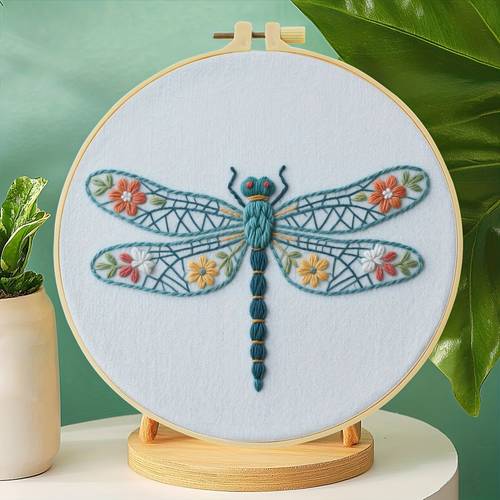 item picture embroidery kit featuring a dragonfly in sizes 15x15cm 5 9x5 9in and 20x20cm 7 9x7 9in this handmade kit is perfect for and beginners and with a user manual printed fabric embroidery frame needles