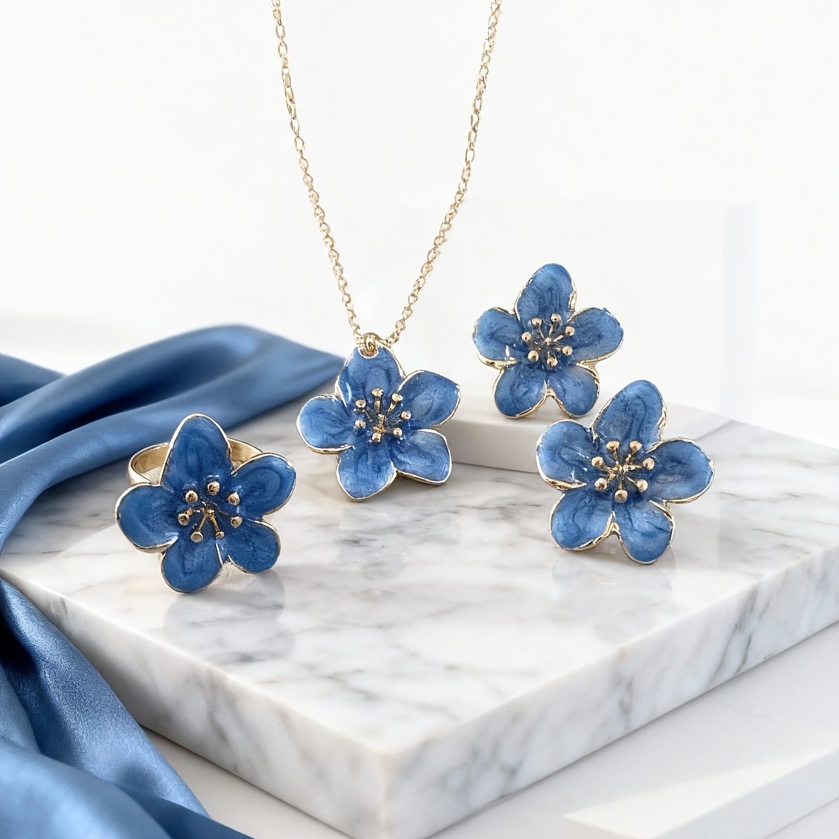 TEMU Set de 4 piezas de colgantes, collar y anillo con flores coloridas, esmaltadas, para regalar , San Valentín