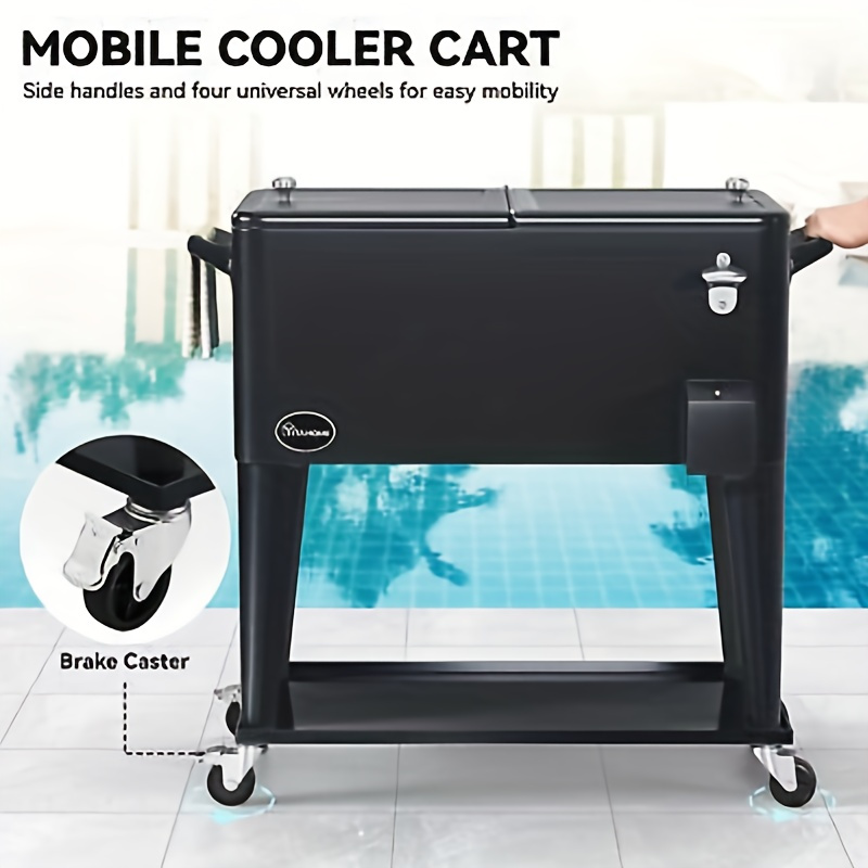 Yarsca Cooler Cart with Bottle Opener Drainage, Portable Patio Cooler on Wheels, Outdoor Beverage Cart Ice Chest Cart, Black