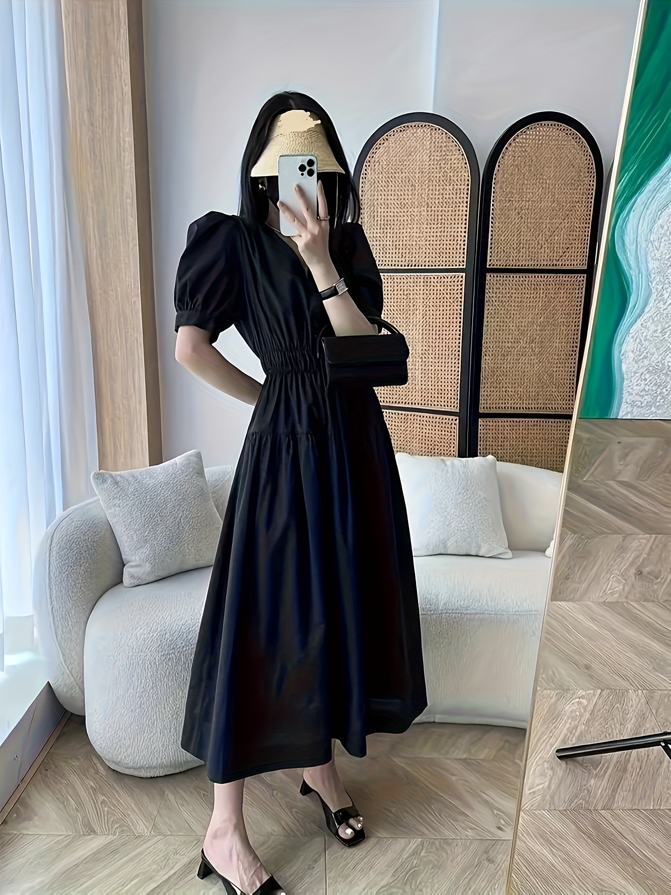 black v neck fitted dress fitted waist a flared skirt - Temu Bahrain