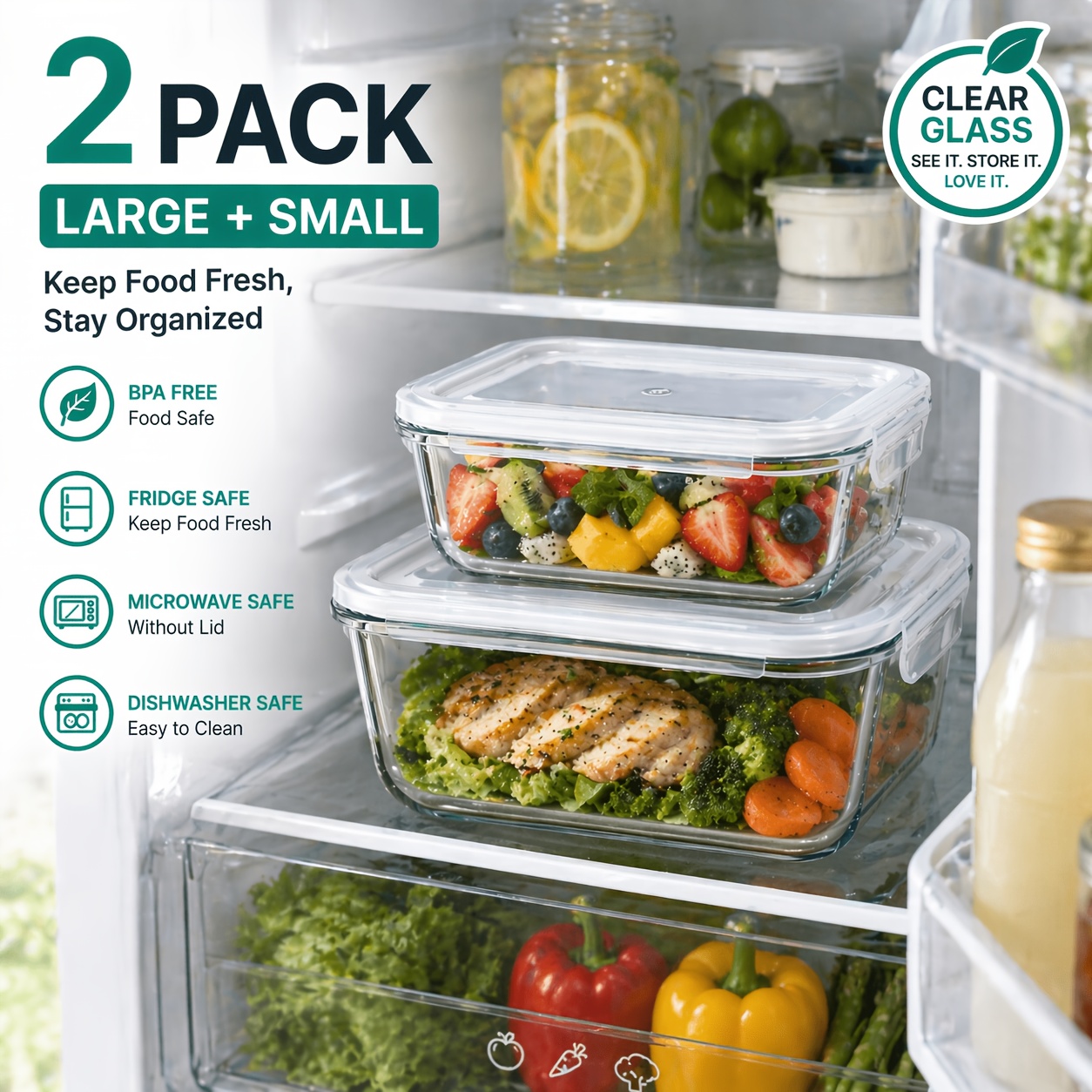 TEMU Boîtes à aliments en verre avec couvercles, ensemble de 2, grands et petits récipients de conservation pour la préparation des repas, , le