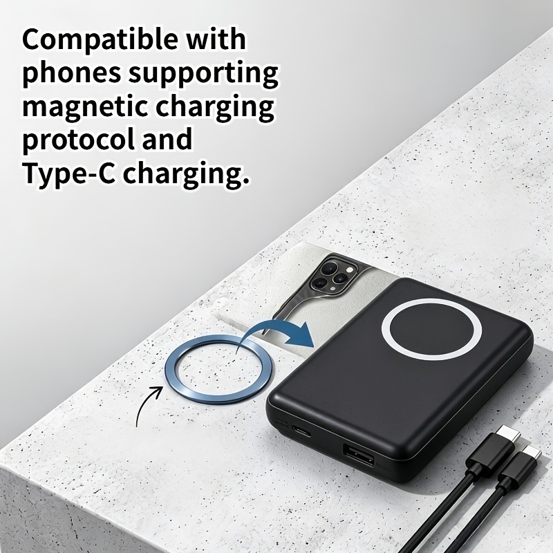 TEMU Batterie Externe Magnétique 5000mAh Fil & Filaire, Indicateur de Charge LED, Universelle pour Téléphones & Tablettes, Cadeau Idéal Noël