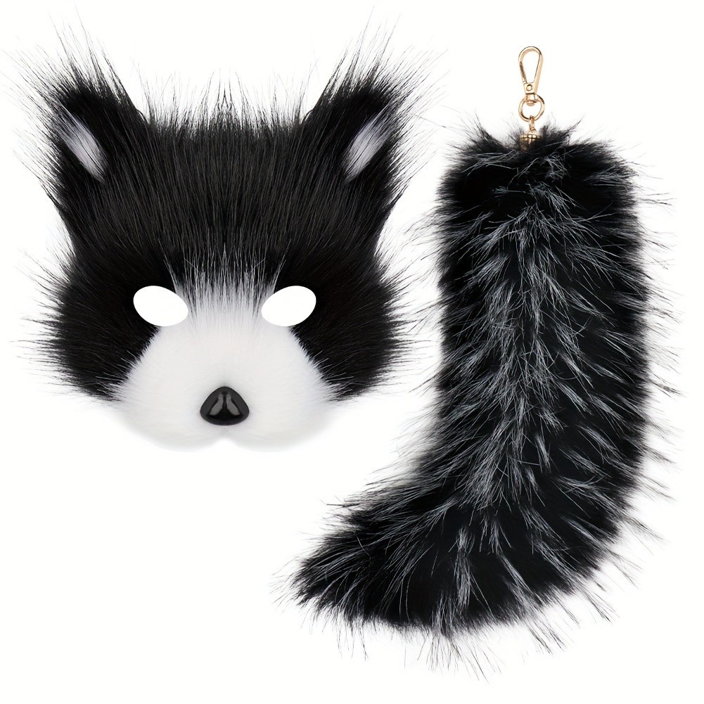 2pcs Cute Cat Face Mask with Plush Fluffy Cat Tail Suitable for Halloween Parties, Cosplay Gatherings, Can Be Worn On A Belt
