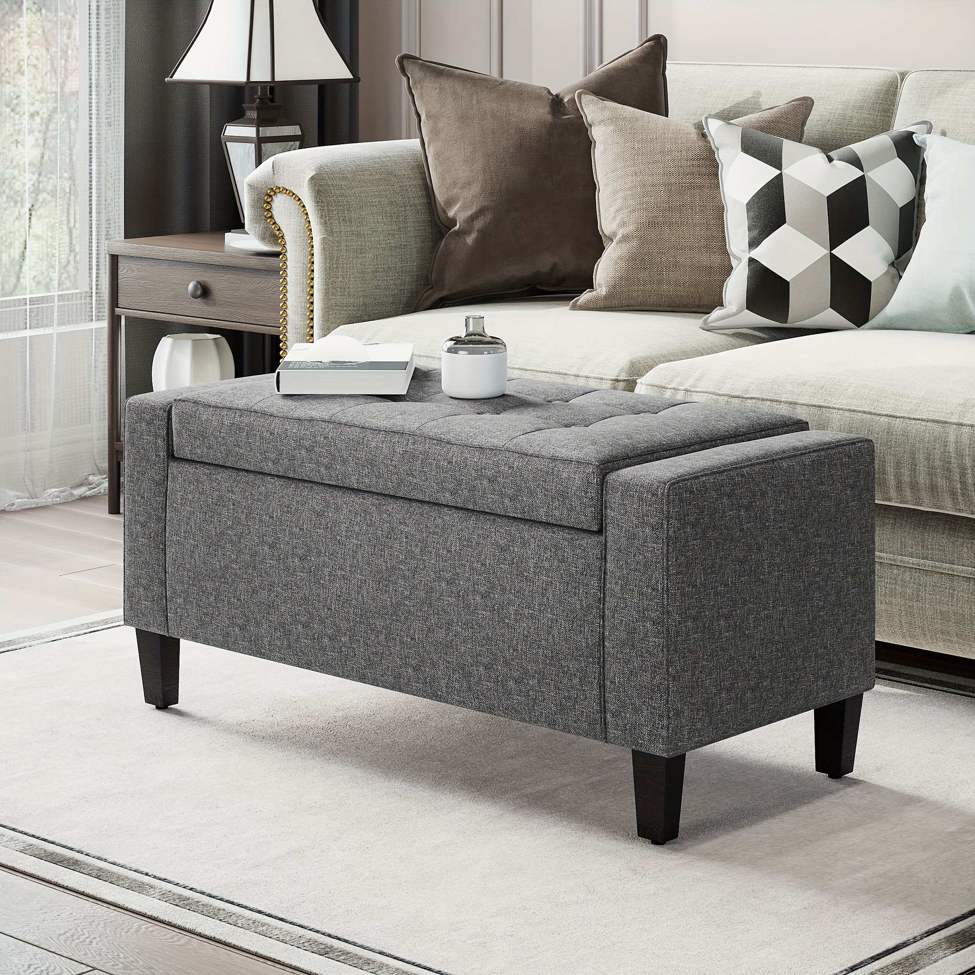 

Homcom Storage Ottoman, Linen Upholstered Storage Bench With Lift Top And Button Tufted For Living Room, Gray