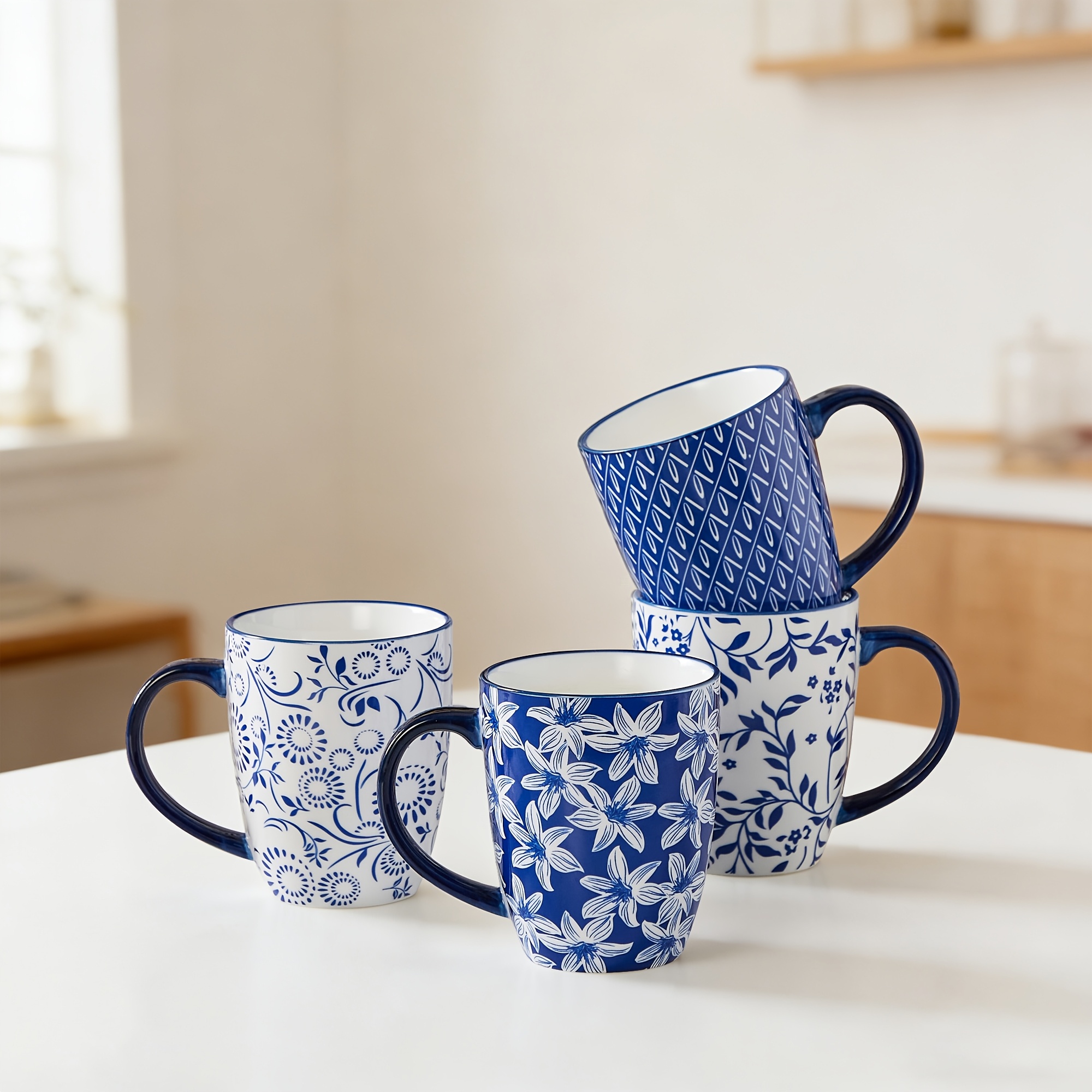 480ml/16oz Large Coffee Mugs Set Of 4 - Thick Porcelain Cups For Cappuccino, Latte, Tea & Hot Chocolate - Dishwasher Safe Ceramic With Handles, Ideal For Housewarming, Blue And White Porcelain Mug Set