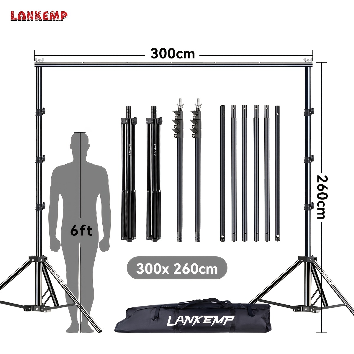 Lankemp 300x260cm Adjustable Photography Backdrop Support System Photo Video Studio Background Stand Kit With Carry Bag