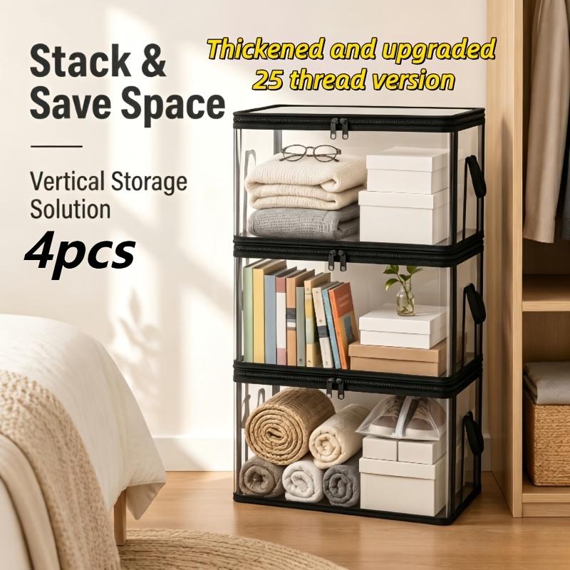 4pcs Large Clear Thick Storage Boxes with Hinged Lid