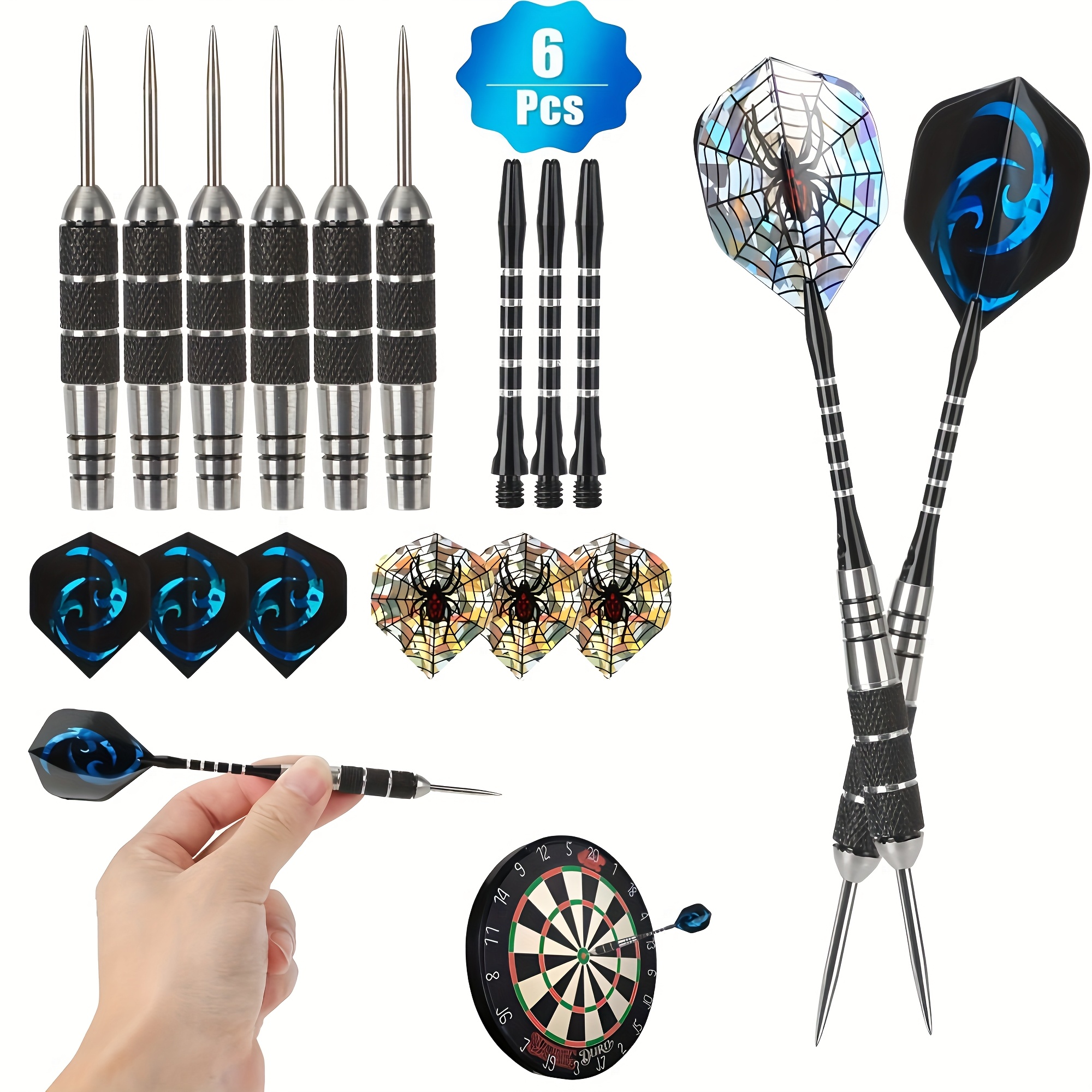TEMU 6pcs 22g Professional Darts | Durable Aluminum Shafts With Steel Tips For Improved Accuracy,3 Black And Blue Flights - Suitable For Training And