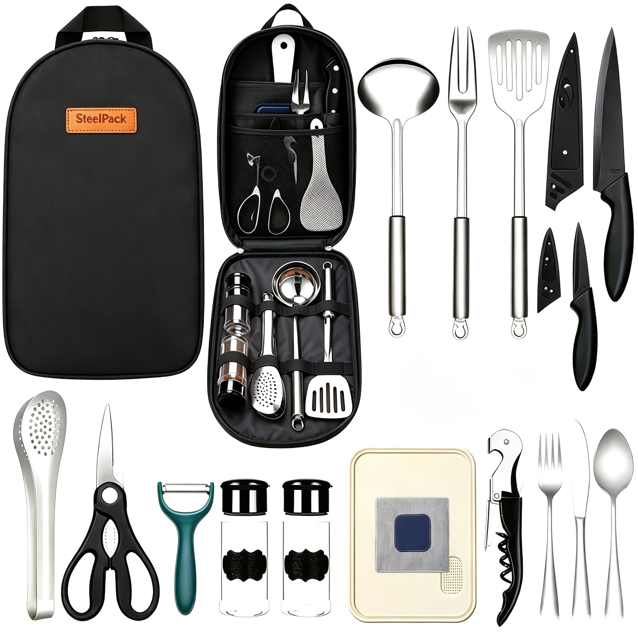 TEMU Utensil Set 17pcs Camping Essentials And Accessories. Must-have Camping Cookware Set, Stainless Steel Outdoor Cooking And Bbq Utensils With