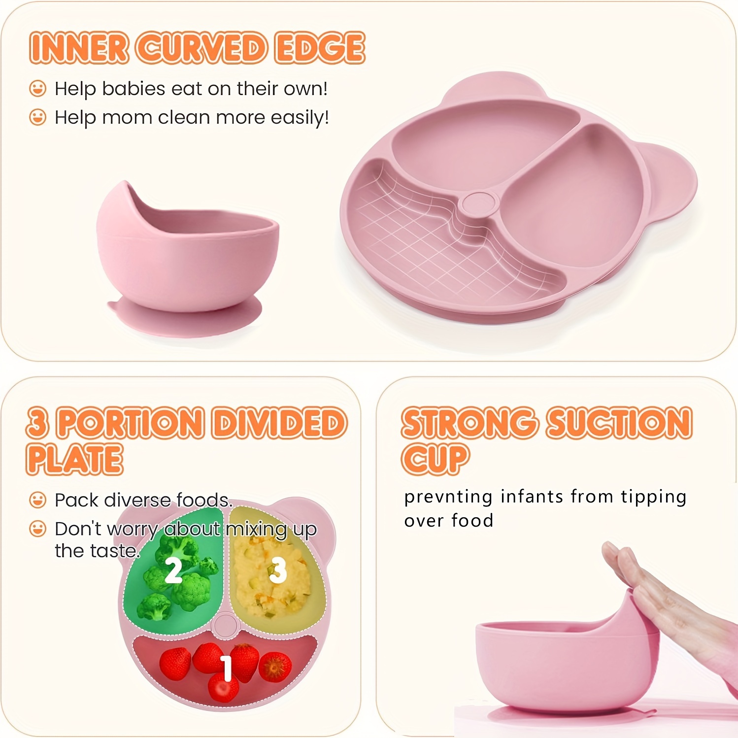   bpa free silicone toddler feeding set pink animal print   suction cup dividers spoon fork straw cup bib microwave oven safe baby led weaning supplies details 2