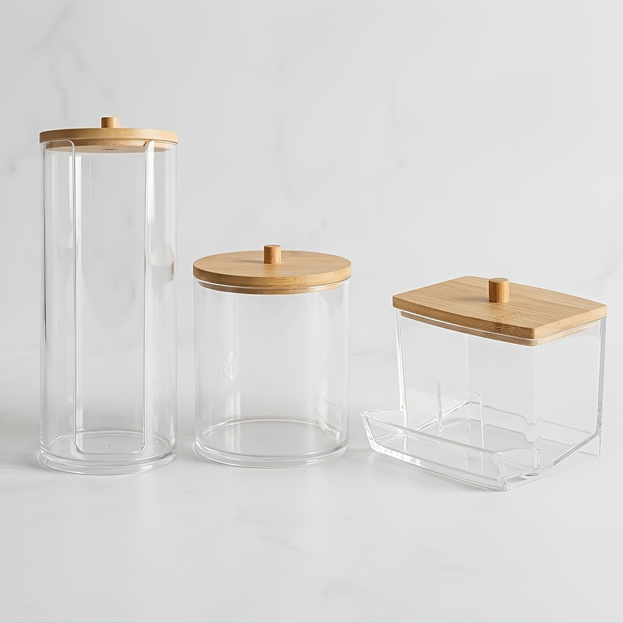 TEMU 3pcs Acrylic Swab Holder Dispenser Bathroom Canister For Bathroom Storage Box Organizer Swabs Balls Rounds Pads Clear Apothecary Jar With Lid