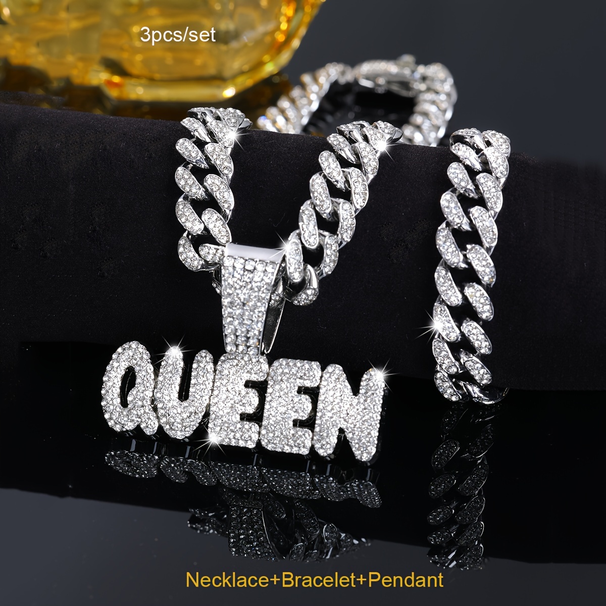 

2pcs Hip Pendant Cuban Chain Necklace Bracelet Set Rap Accessories Cuban Chain Letter Clavicle Chain