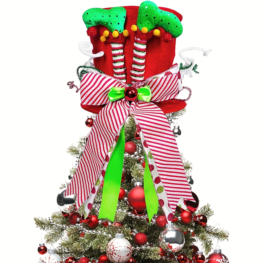 TEMU A Decorative Item For The Featuring A Hat, Elf Foot Striped Ribbon, And A Bow, Suitable For Indoor Christmas Tree Or Tabletop Display Halloween
